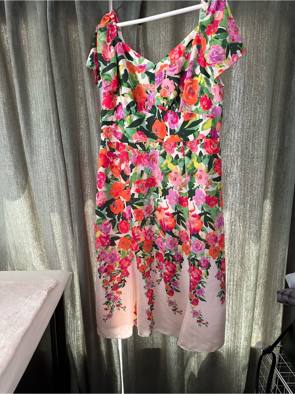 Maggy London Floral Shirred Waist Midi Dress in Pink, Green & Orange